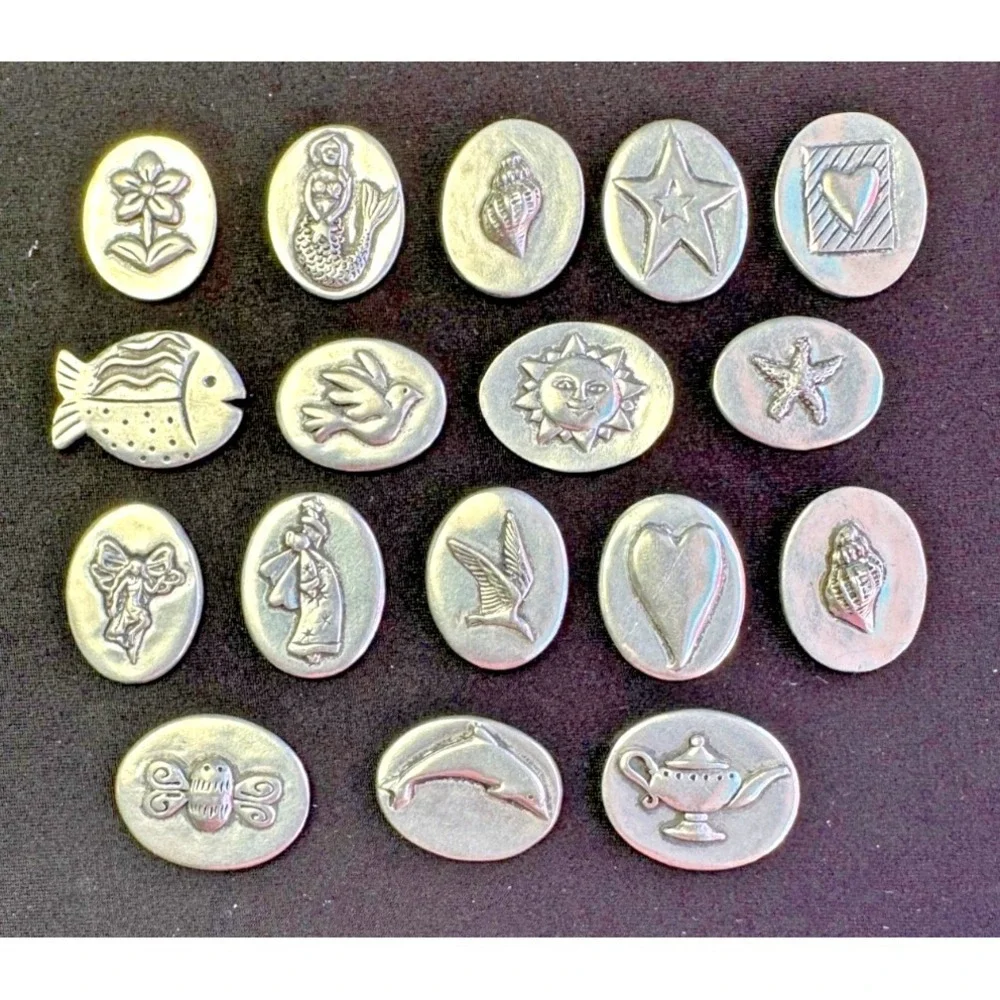 17 Vilmain Pewter Pocket Tokens Charms Heart Angel Flower Fairy Bee Dolphin Fish